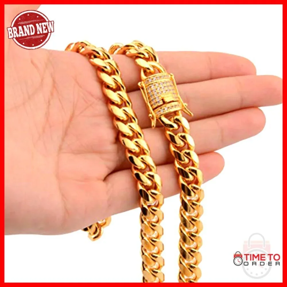 Men's 18K Gold Plated Cuban Link Chain Set 10mm Stainless Steel Necklace - Picture 6 of 6